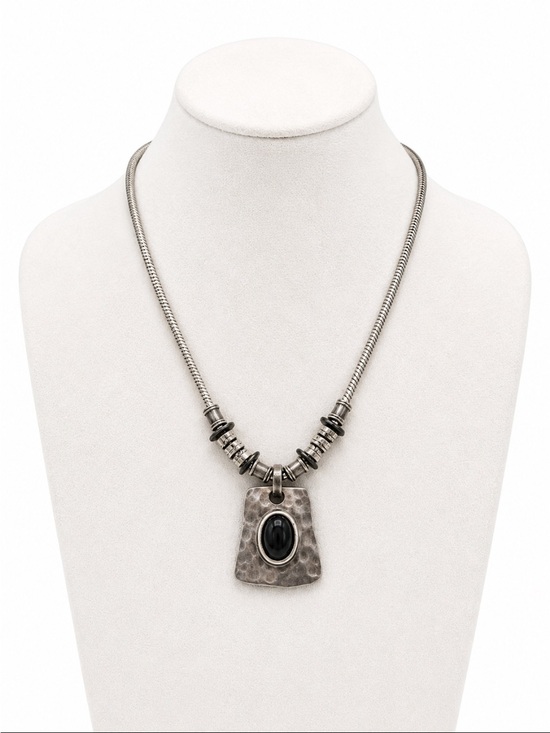 Chico's Jewelry - CHICO’s Silver-Tone Hammered Pendant Necklace with Black Oval Stone